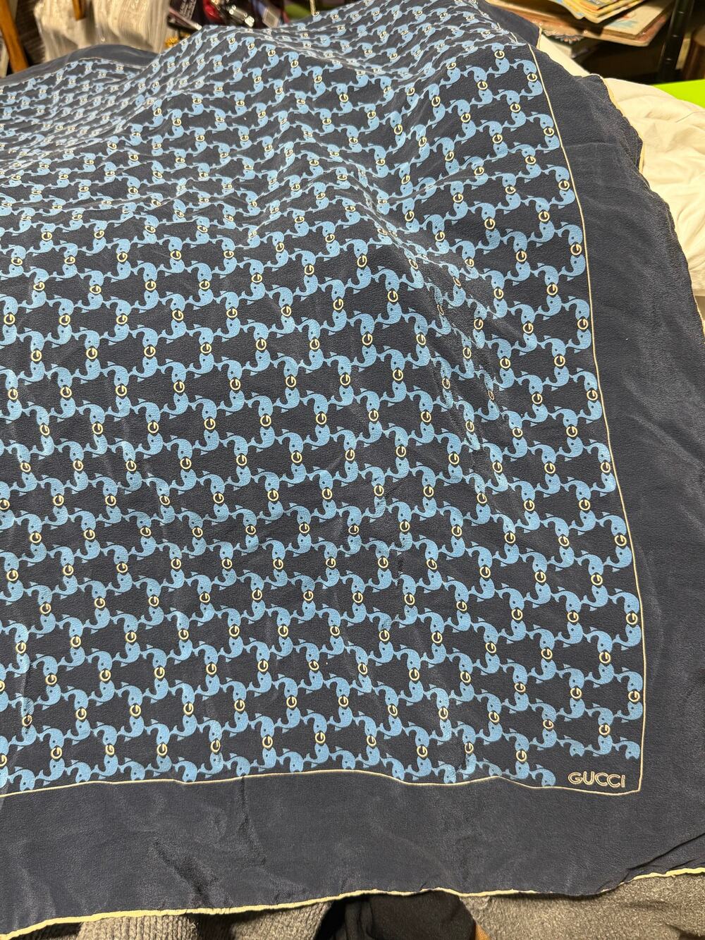 Vintage Gucci Scarf Whale Logo Print Silk Square Navy Blue nautical coastal